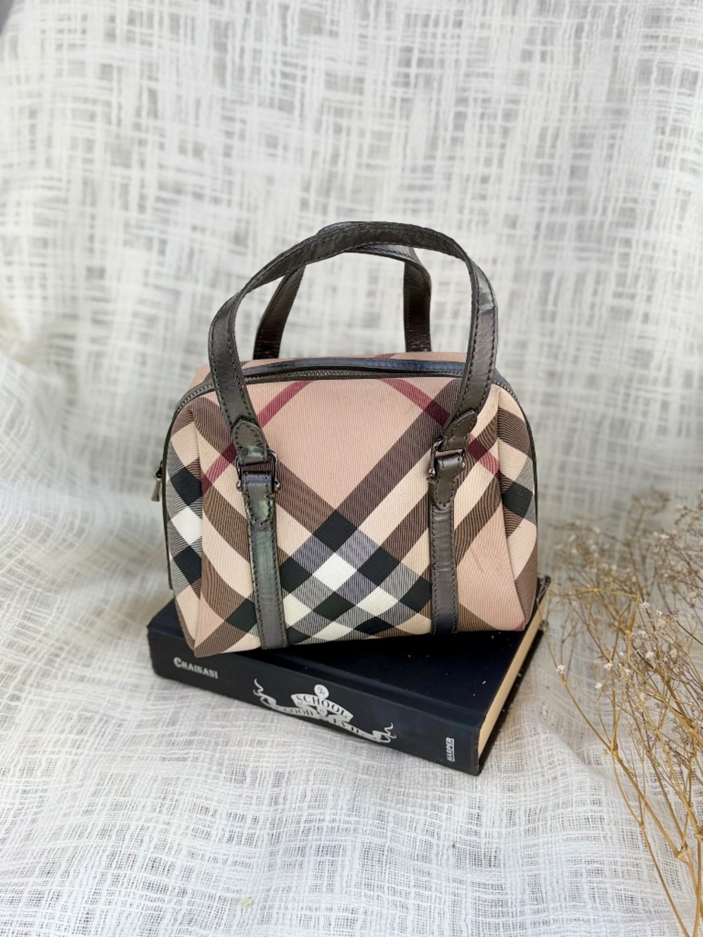 Authentic Burberry Nova check mini Boston handbag  Beige Check Canvas Leather